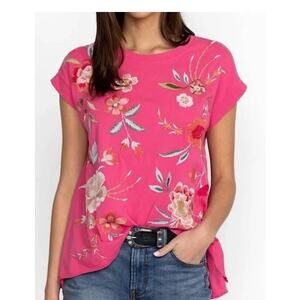 Johnny Was Women’s Floral Embroidered Tunic Sz L Pink Cotton Short Sleeve